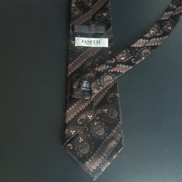 Zanetti Silk Necktie -Brown, Black & Tan Diagonal Stripe w/ Paisley - Picture 6 of 11